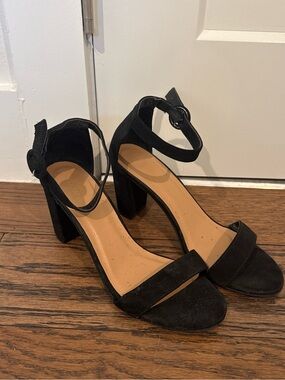 Classic Black Suede Block Heel Sandals with Ankle Strap